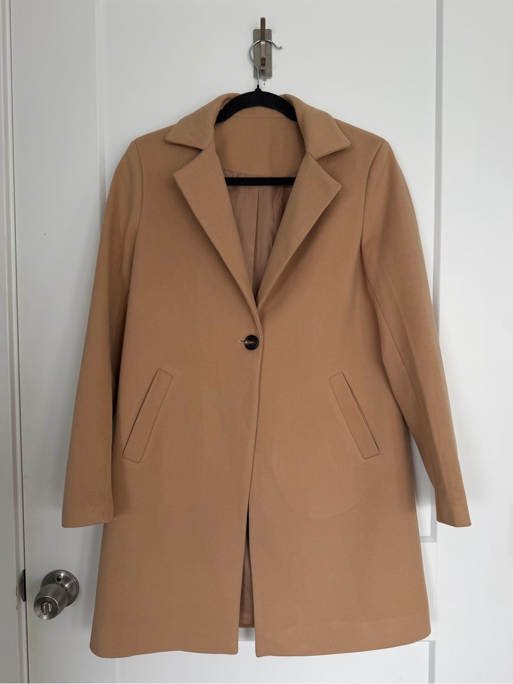 Womens Camel Single-Breasted Wool Blend Coat